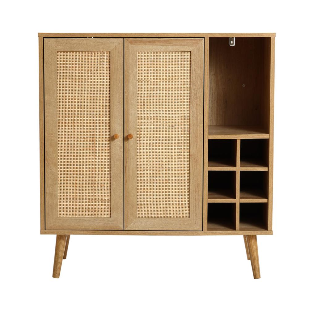 35" Tall 2-Door Rattan Light Oak Finish Wood Wine and Storage Cabinet. Picture 1