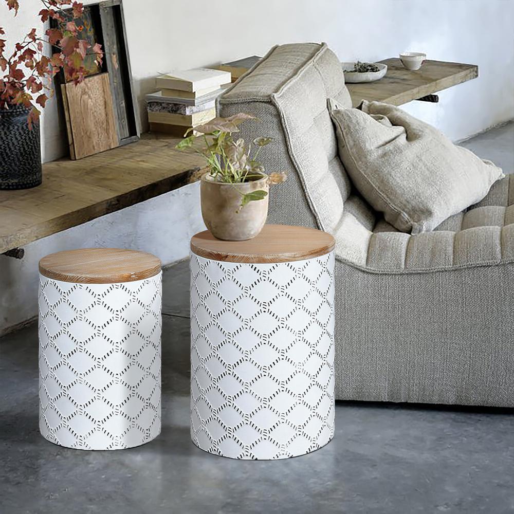 Set of 2 White Round Metal Side and End Tables with Enclosed Storage. Picture 15