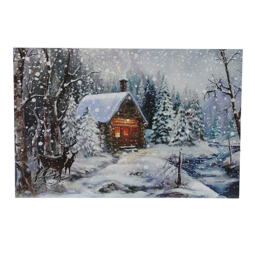 Winter Wonderland Log Cabin Lighted Canvas Print. Picture 1