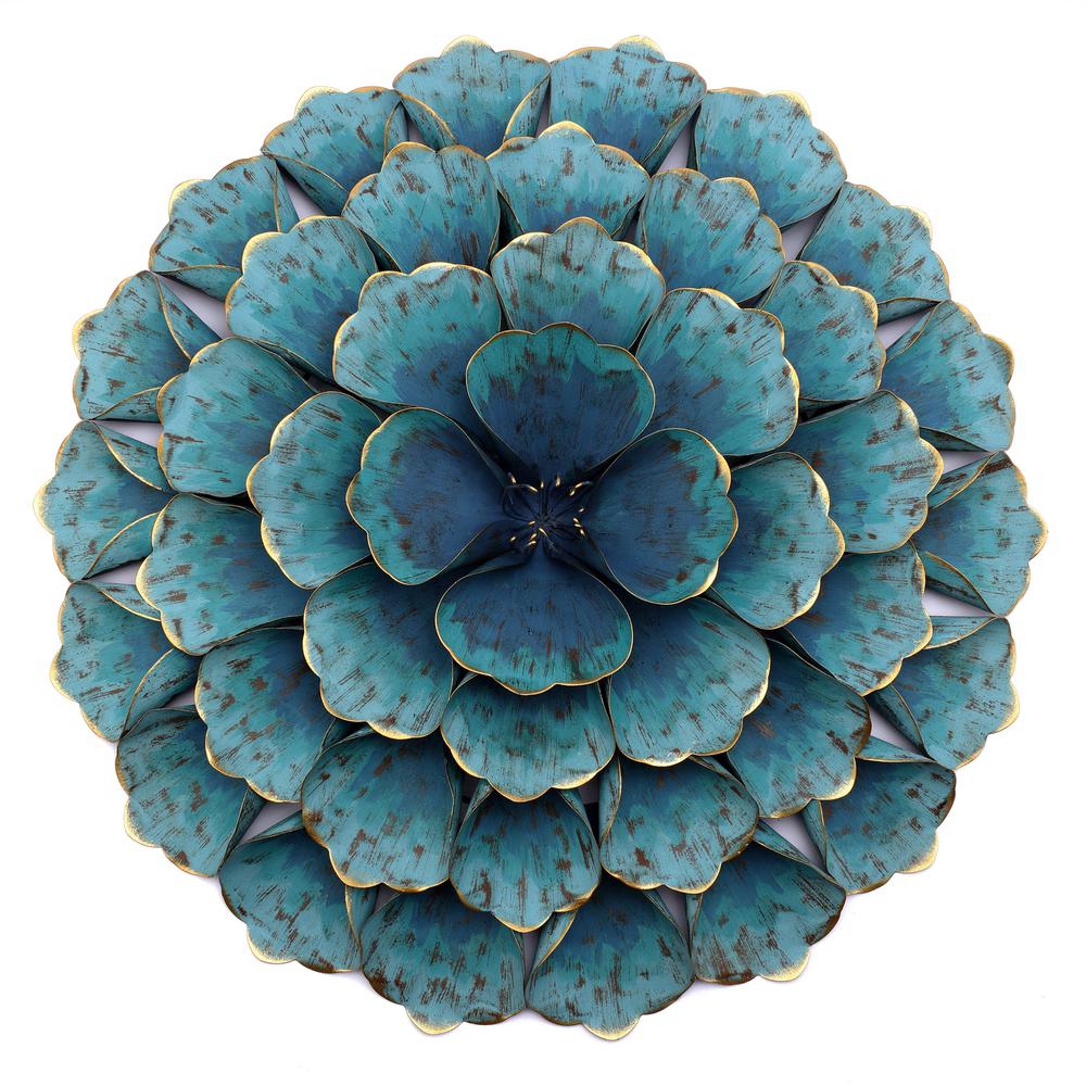 23.5" Round Teal Blue Flower Metal Wall Decor. Picture 1