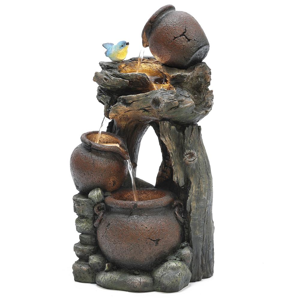 Rustic Pots and Pitchers on Tree Resin Outdoor Fountain with LED Lights. Picture 9