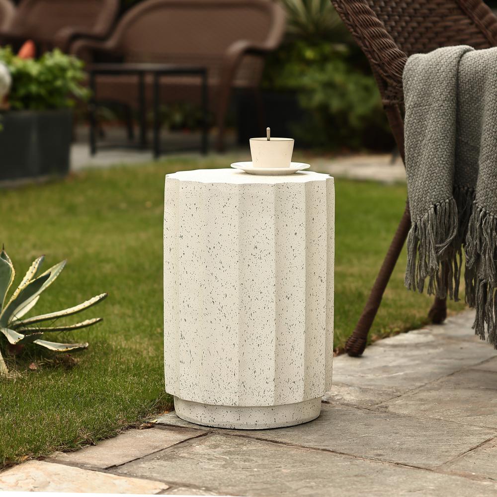 Off White with Gray Cement Fluted Round Indoor Outdoor Side and End Table. Picture 4