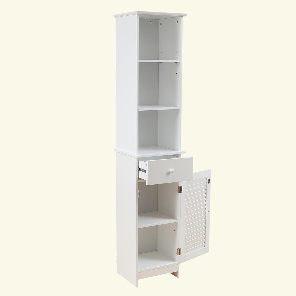 White MDF Wood 64-Inch Tall Tower Bathroom Linen Cabinet. Picture 3