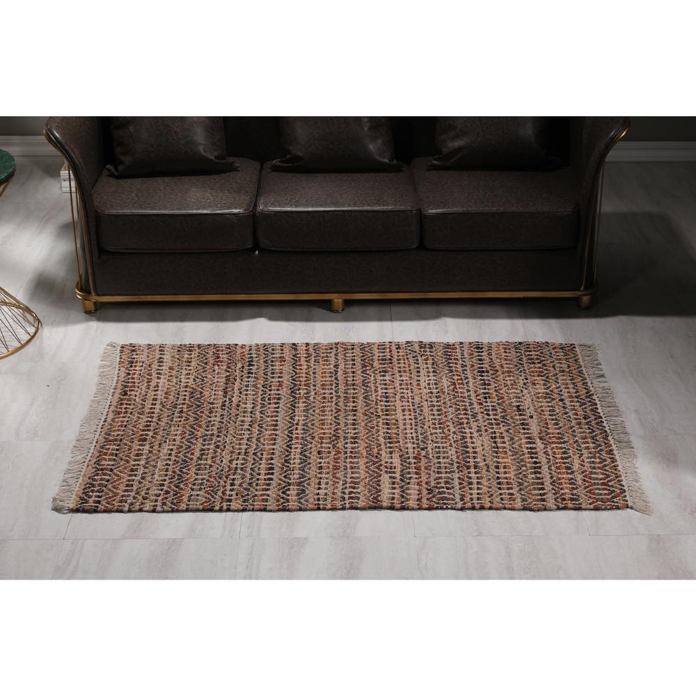 3'x5' Handwoven Coffee/White Leather/Cotton Rug. Picture 7