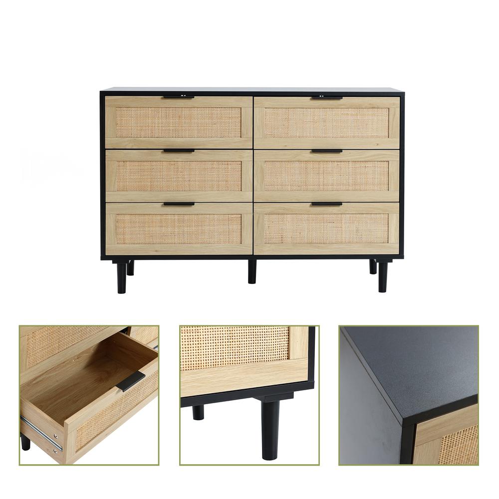 Black and Brown Wood 6-Drawer Rattan Dresser. Picture 8