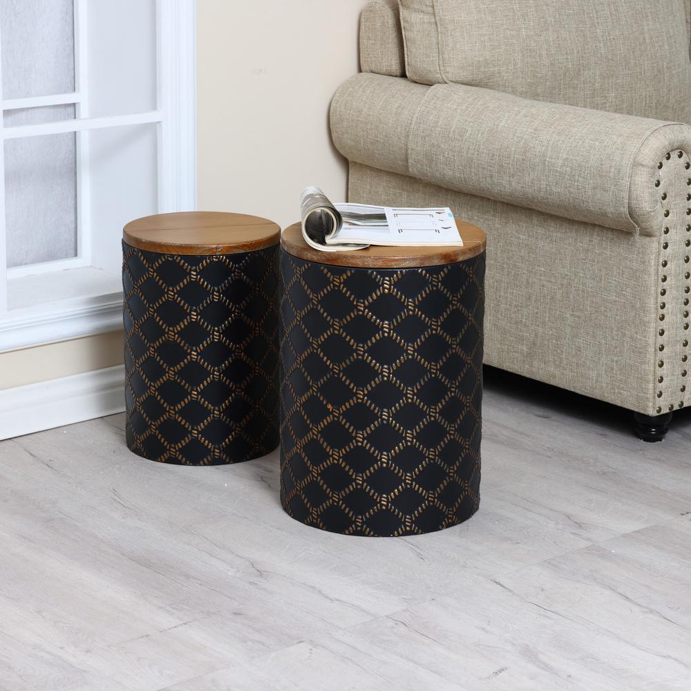 Set of 2 Black Round Metal Side and End Tables with Enclosed Storage. Picture 3