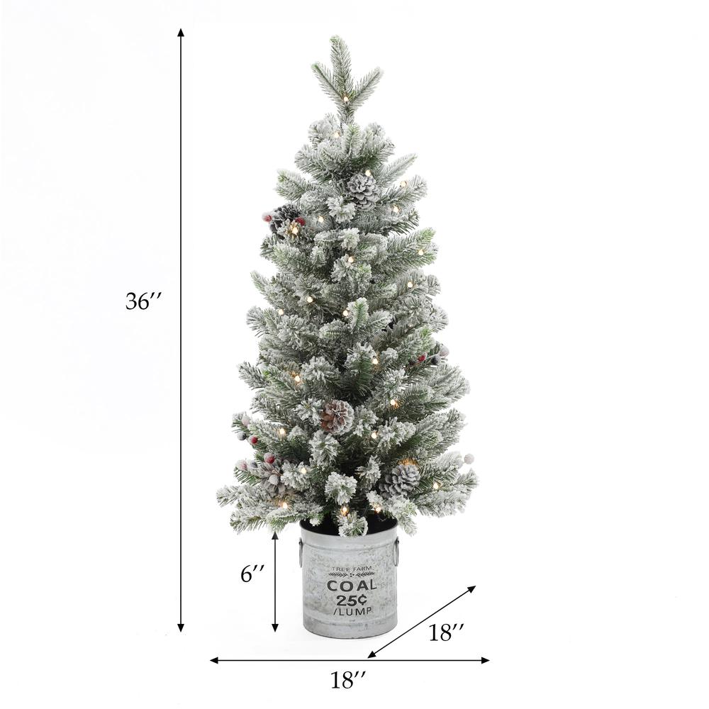 Pre-Lit Clear LED 3ft Porch Artificial Flocked Christmas Tree with Pinecones and Red Berries and Metal Base. Picture 14