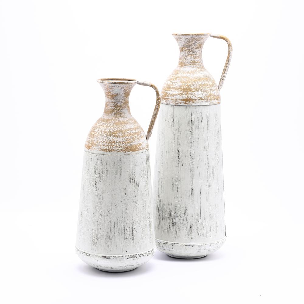 Set of 2 Distressed Off White and Rustic Brown Metal Pitcher Vase. The main picture.