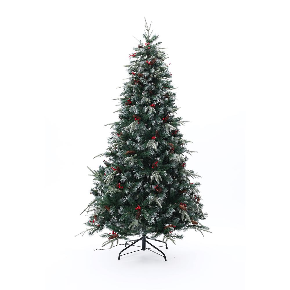 7Ft Pre-Lit LED Artificial Full Pine Christmas Tree with Pine Cones and Red Holly Berries. Picture 1