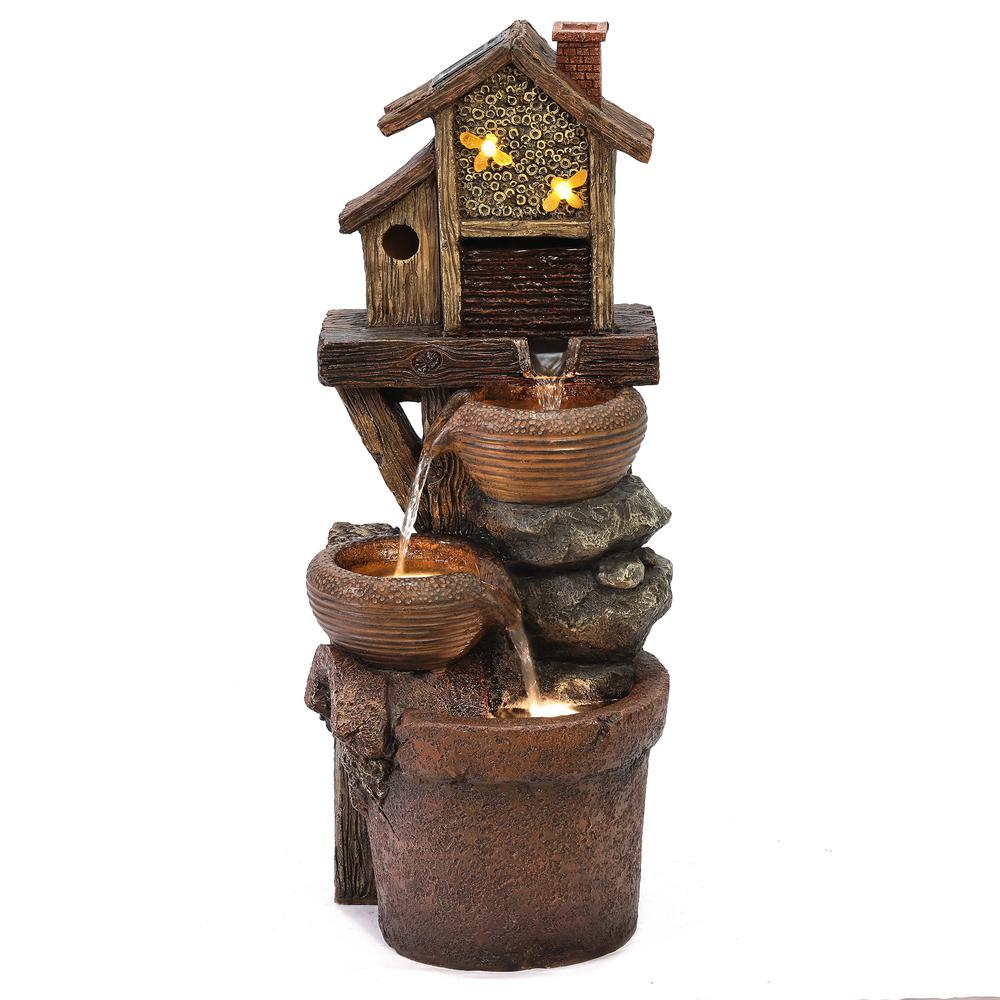 29.1" H Bowls and Birdhouse Resin Outdoor Fountain with LED Lights. Picture 1