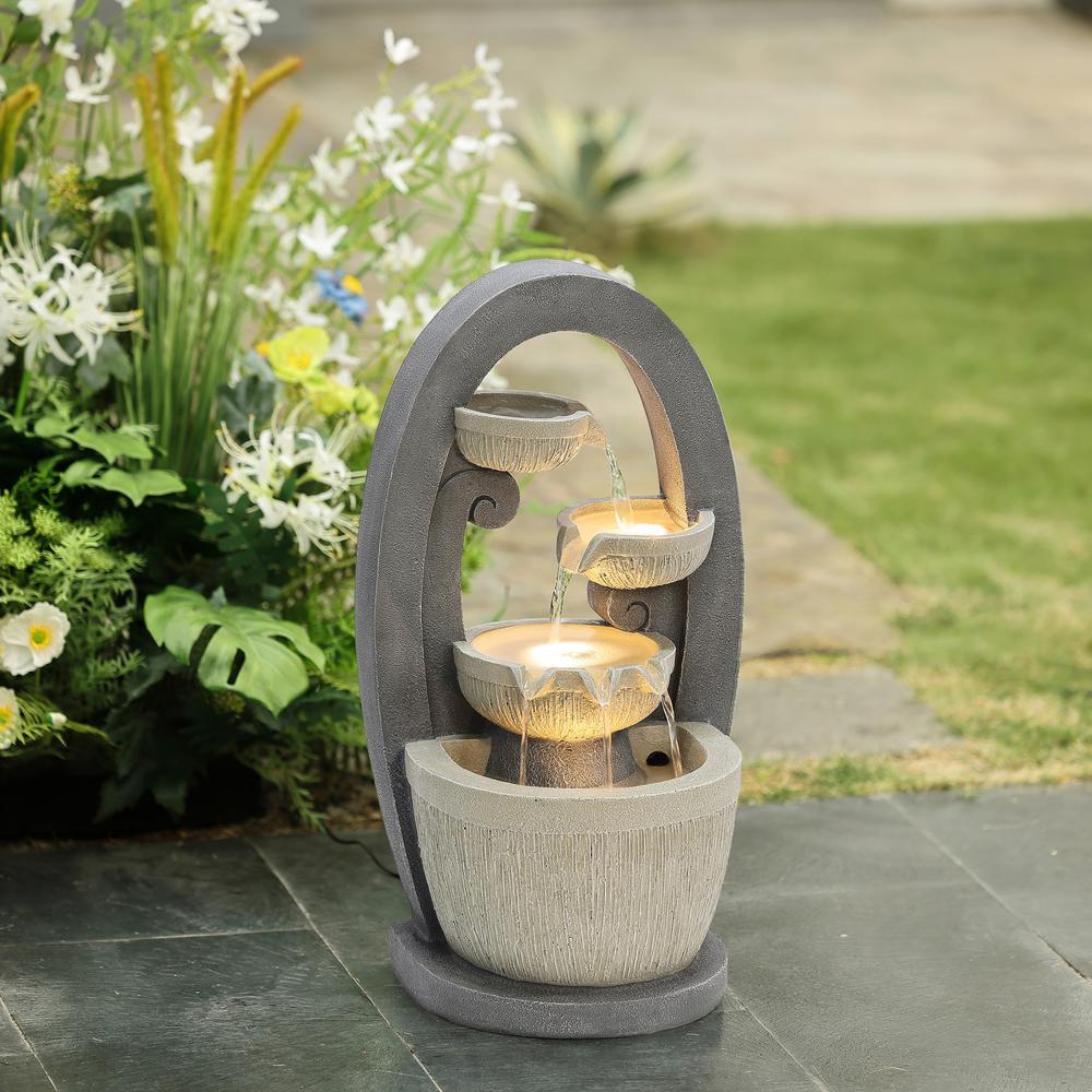 Gray Oval Cascading Bowls Resin Outdoor Fountain with LED Lights. Picture 2