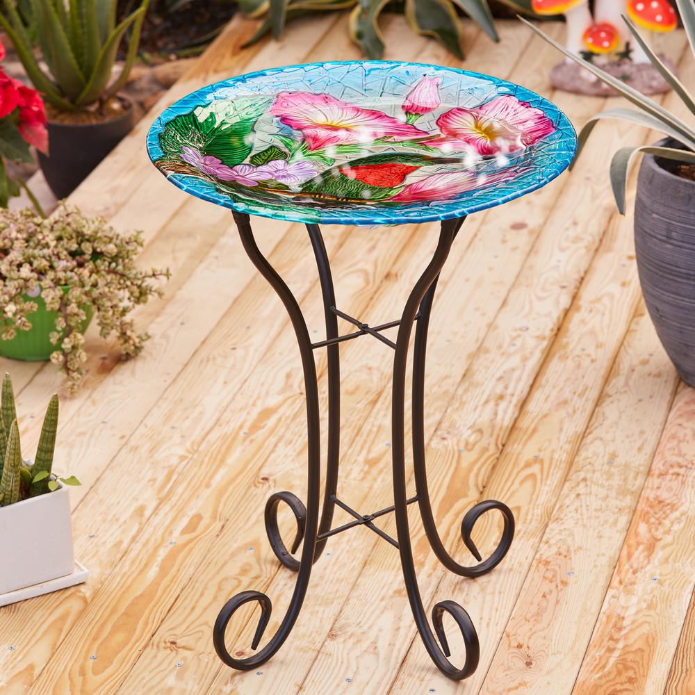 LuxenHome Hummingbird Floral Glass Bird Bath with Metal Stand. Picture 3