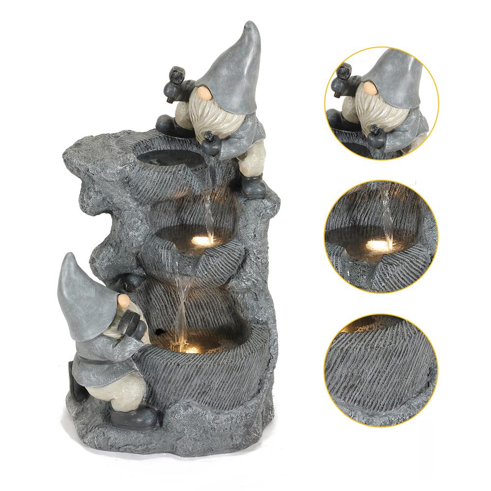 Gray Resin Gnomes Rock Bowl Outdoor Fountain with LED Lights. Picture 6