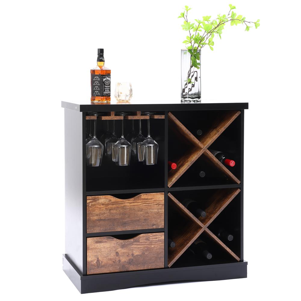 Black and Brown Wood 2-Drawer X-Storage Wine Cabinet. Picture 5
