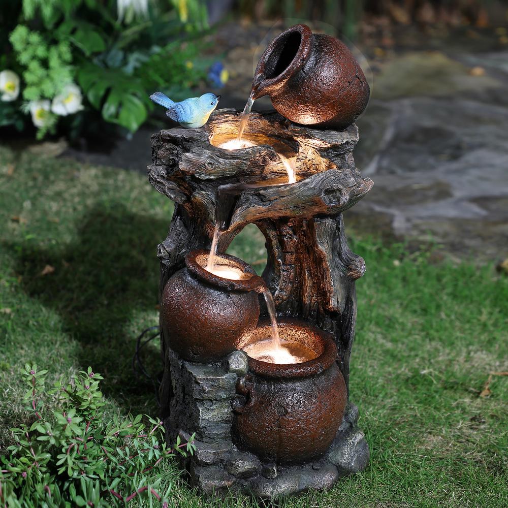 Rustic Pots and Pitchers on Tree Resin Outdoor Fountain with LED Lights. Picture 6