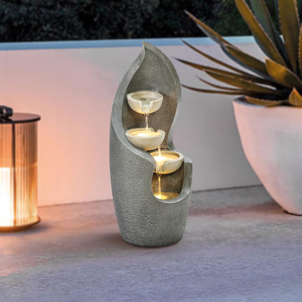 Gray Curves Cascading Bowls Resin Outdoor Fountain with LED Lights. Picture 4