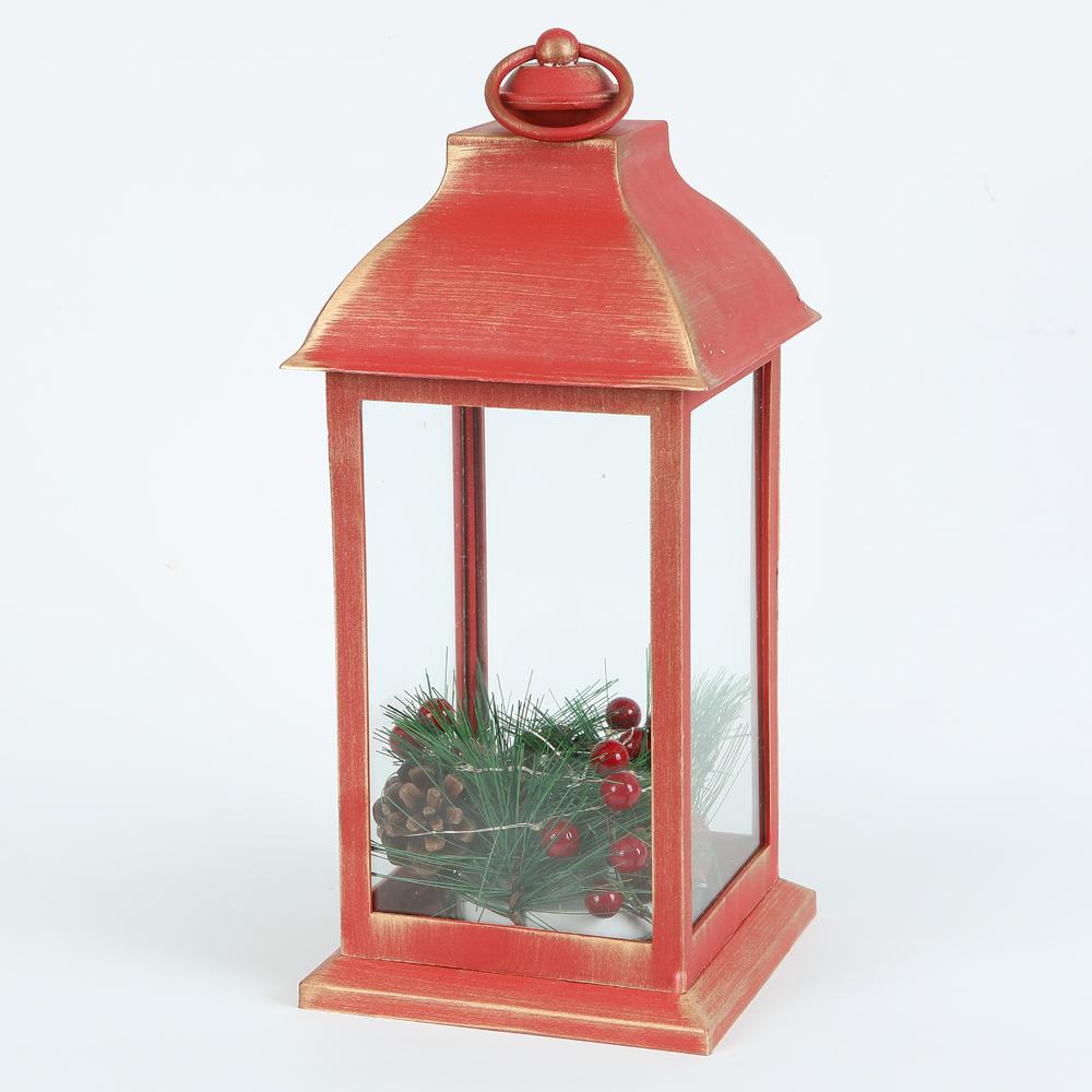 Lighted Christmas Holiday Berry and Pine Cone Rustic Red Lantern. Picture 1