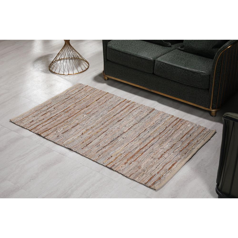 3'x5' Handwoven Beige Leather/Cotton Rug with Metallic Leather. Picture 2