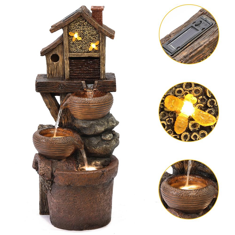 29.1" H Bowls and Birdhouse Resin Outdoor Fountain with LED Lights. Picture 8
