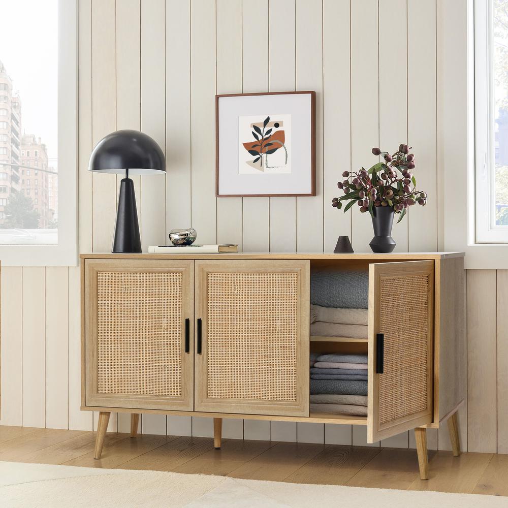 47.2" Wide 3-Door Rattan Light Oak Finish Wood Sideboard Cabinet. Picture 15