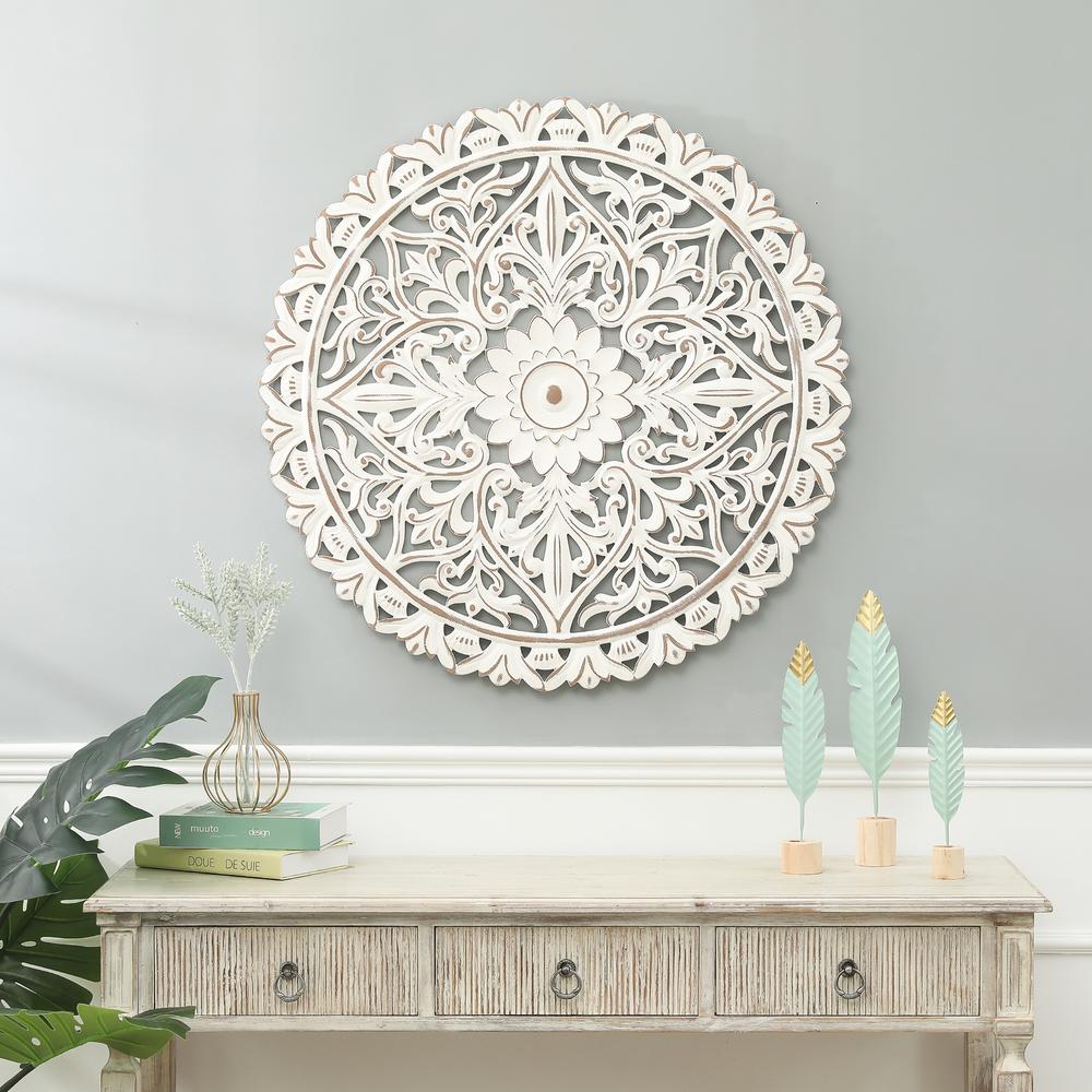 White Wood Flower Round Wall Decor. Picture 2