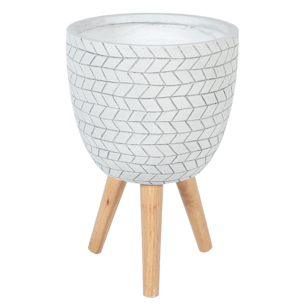 LuxenHome White Cube Design 12.1 in. Round MgO Planter with Wood Legs. Picture 1
