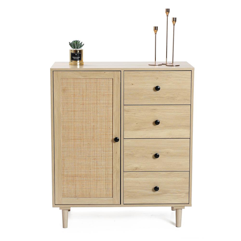White Oak Finish Wood and Rattan 1-Door 4-Drawer Storage Cabinet. Picture 8