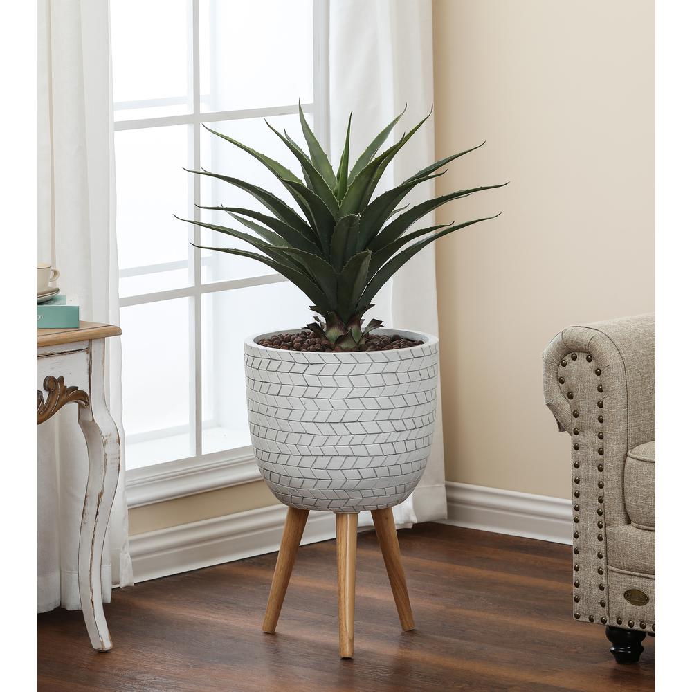 LuxenHome White Cube Design 14.6 in. Round MgO Planter with Wood Legs. Picture 2