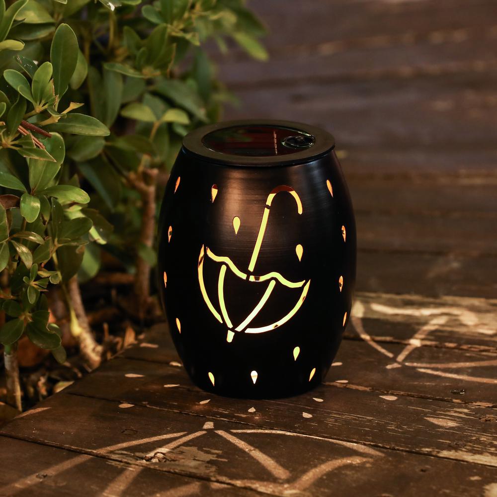 LuxenHome 6-Inch Black Metal Rain Solar Powered Outdoor Decorative Lantern. Picture 3