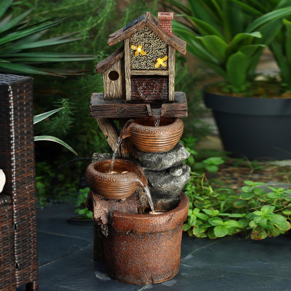 29.1" H Bowls and Birdhouse Resin Outdoor Fountain with LED Lights. Picture 2