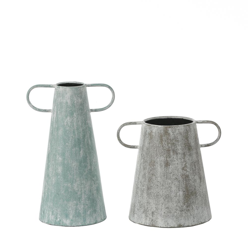 Set of 2 Farmhouse Blue and Gray Metal Vases. Picture 1