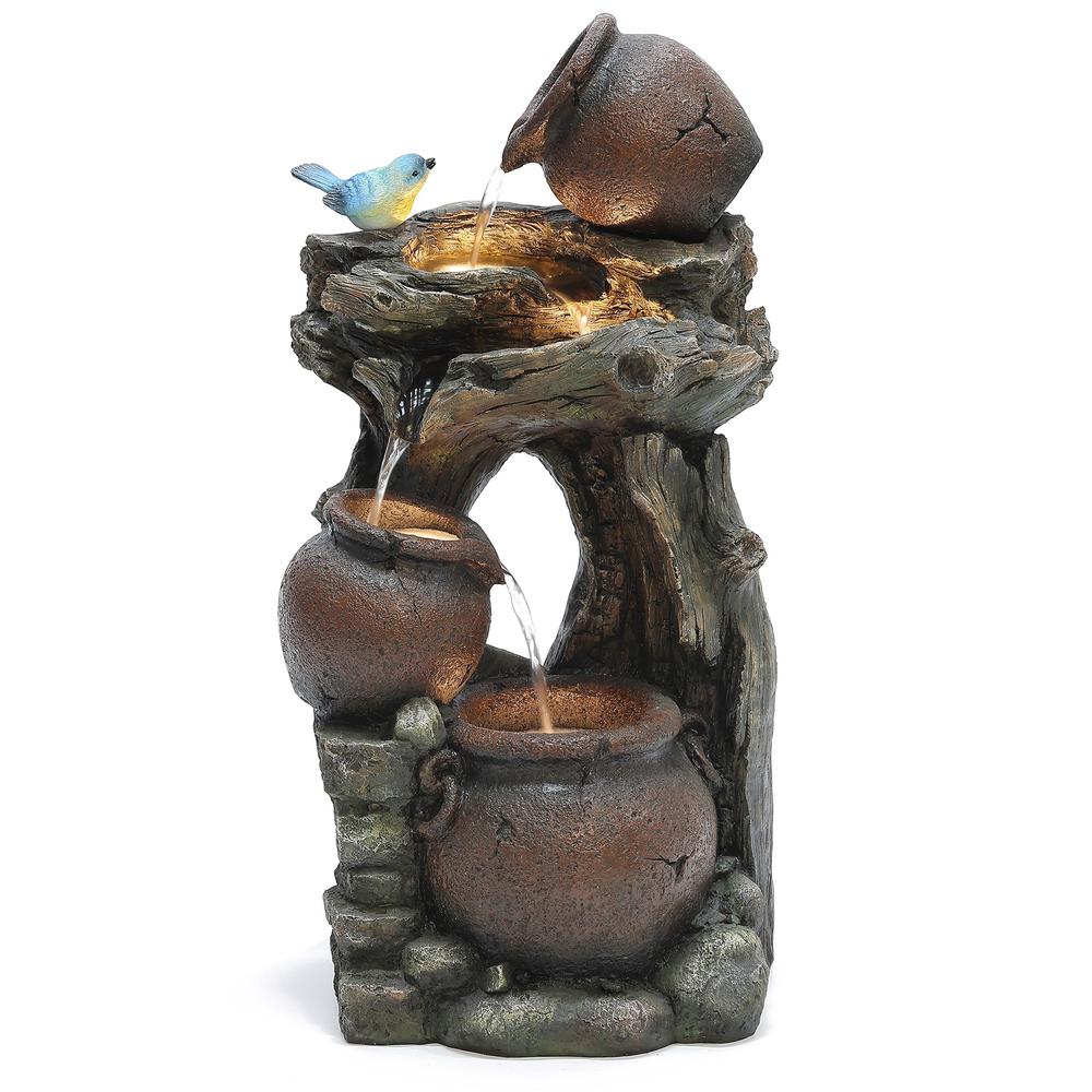Rustic Pots and Pitchers on Tree Resin Outdoor Fountain with LED Lights. Picture 1