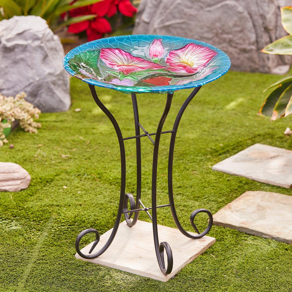 LuxenHome Hummingbird Floral Glass Bird Bath with Metal Stand. Picture 4