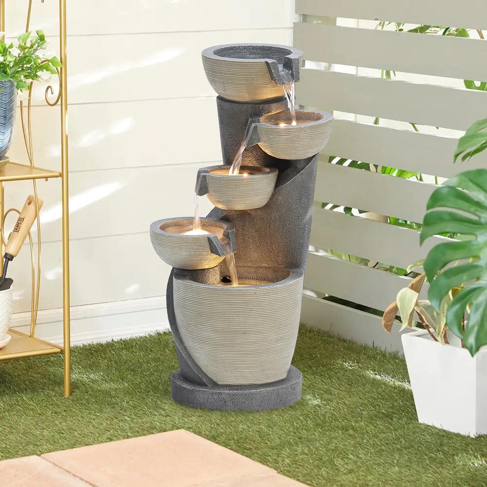 Gray Cascading Bowls and Column Resin Outdoor Fountain with LED Lights. Picture 6
