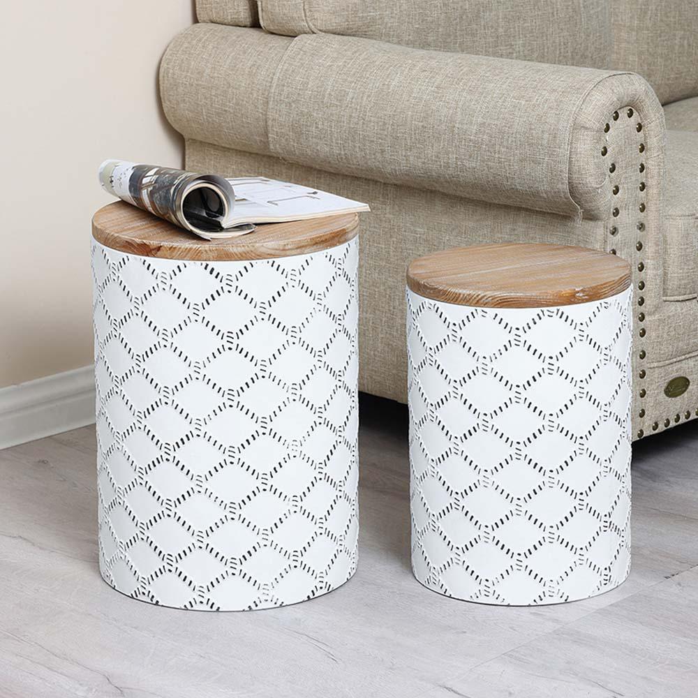 Set of 2 White Round Metal Side and End Tables with Enclosed Storage. Picture 13