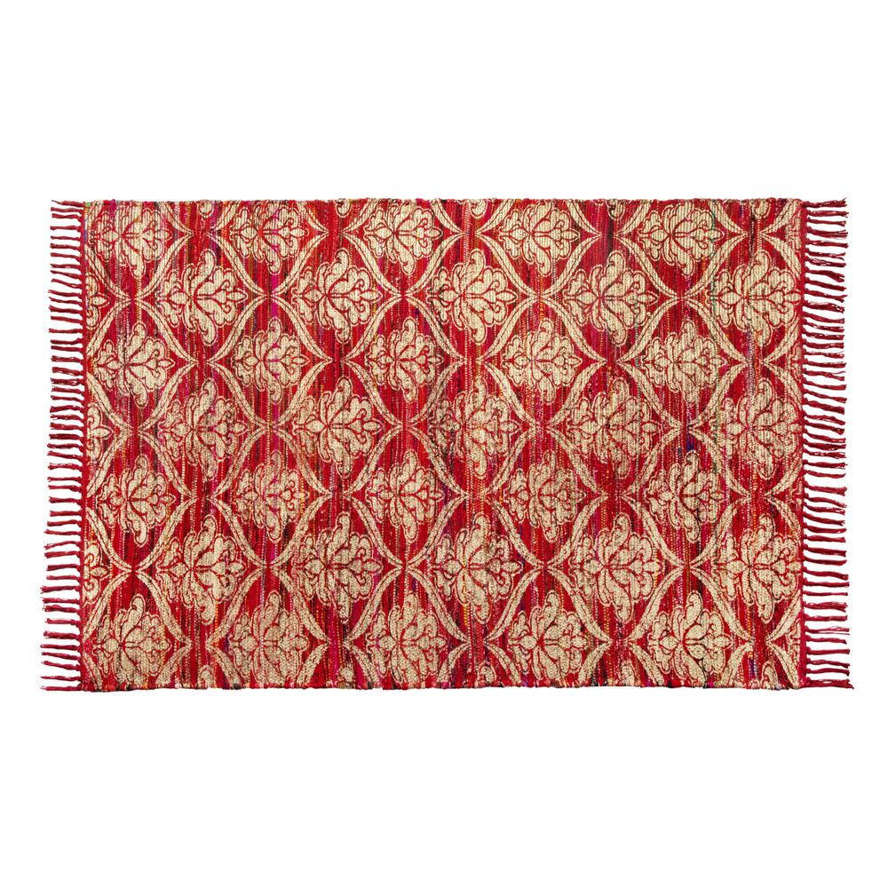 4'x6' Handwoven Red/White Polyester/Cotton Rug with Metallic Print. Picture 1