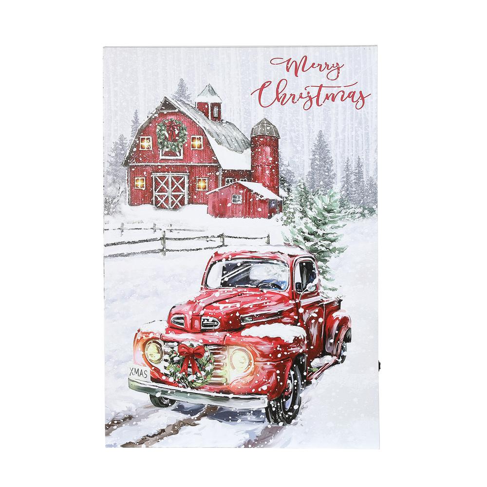 Merry Christmas Red Truck Winter Scene Lighted Canvas Print. The main picture.