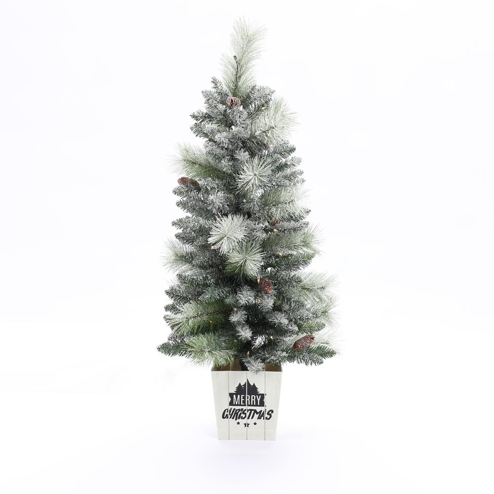 4Ft Pre-Lit LED Artificial Flocked Pine Christmas Tree with Pine Cones and Square Pot. Picture 1