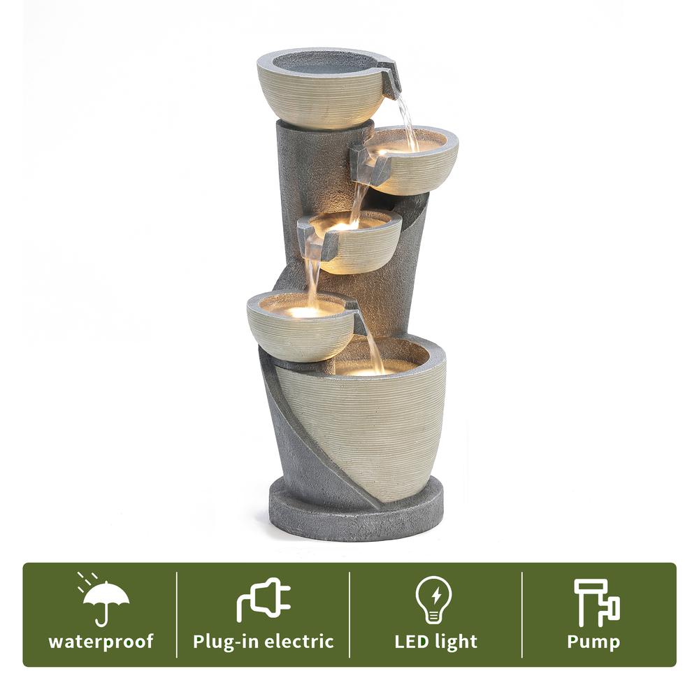 Gray Cascading Bowls and Column Resin Outdoor Fountain with LED Lights. Picture 10