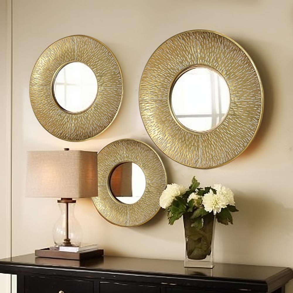 3-Piece Gold Metal Round Wall Mirror Set. Picture 3