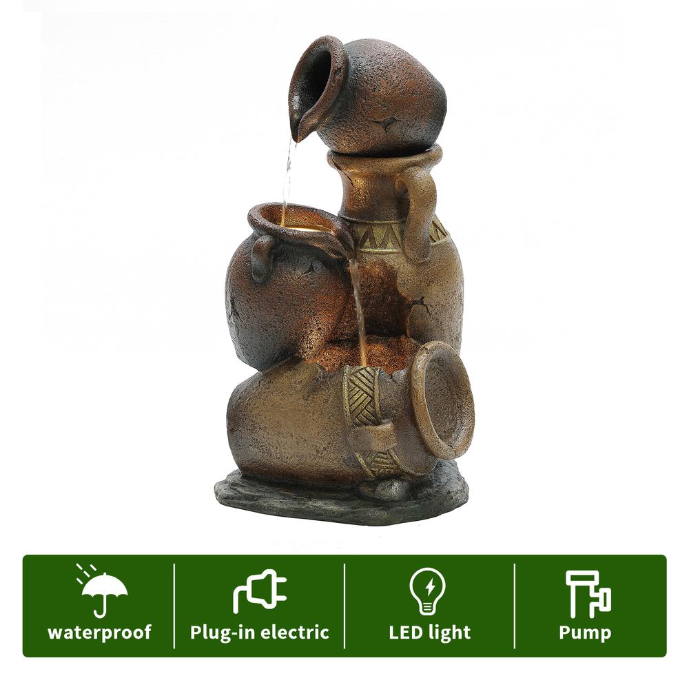 Brown Urns Resin Outdoor Fountain with LED Lights. Picture 9