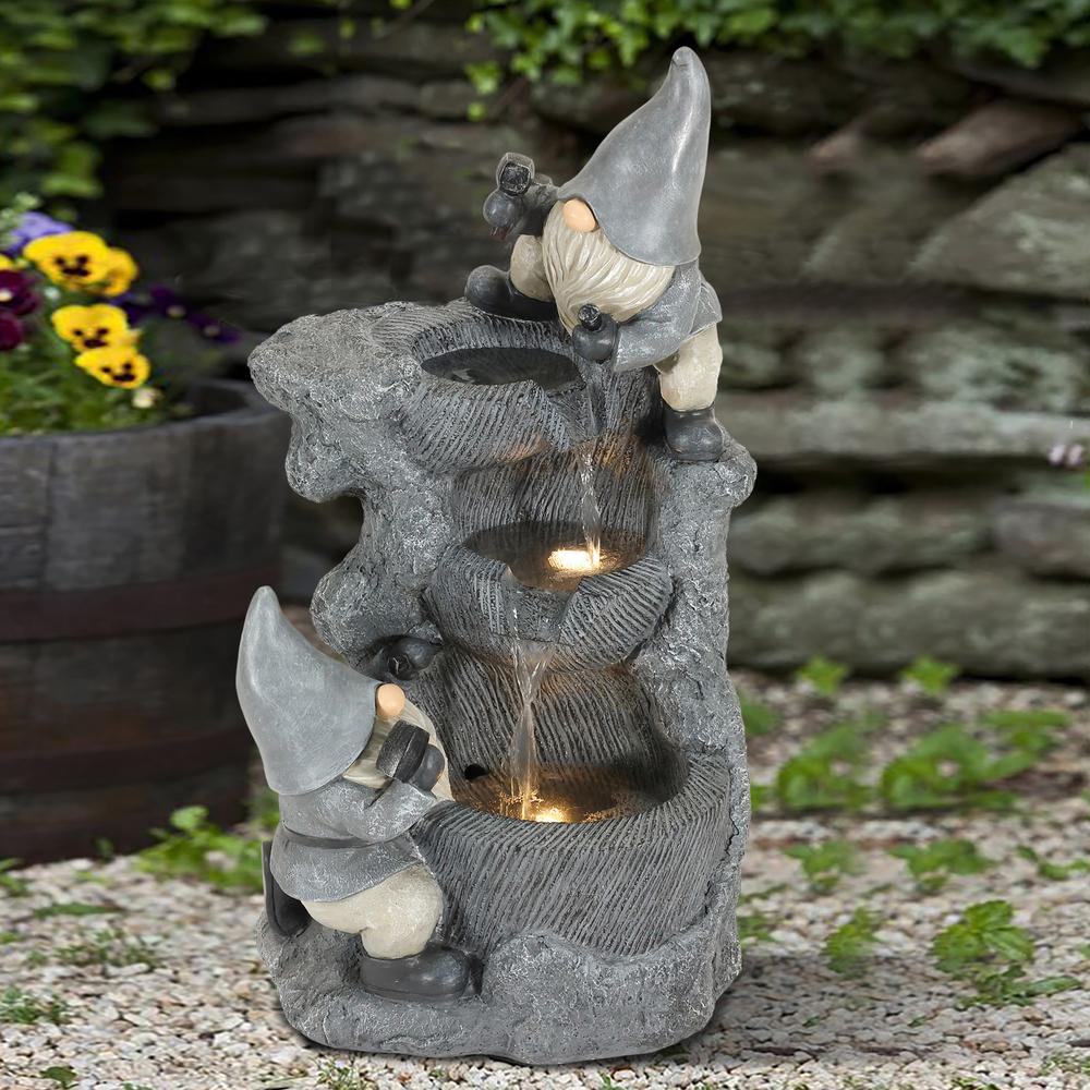 Gray Resin Gnomes Rock Bowl Outdoor Fountain with LED Lights. Picture 4