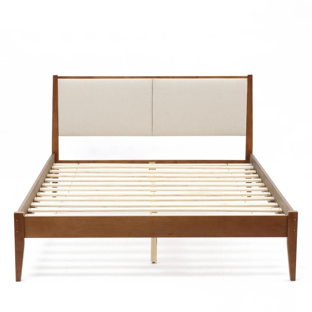 Modern Beige Upholstered Headboard and Wood Frame Platform Bed Set, Queen. Picture 1