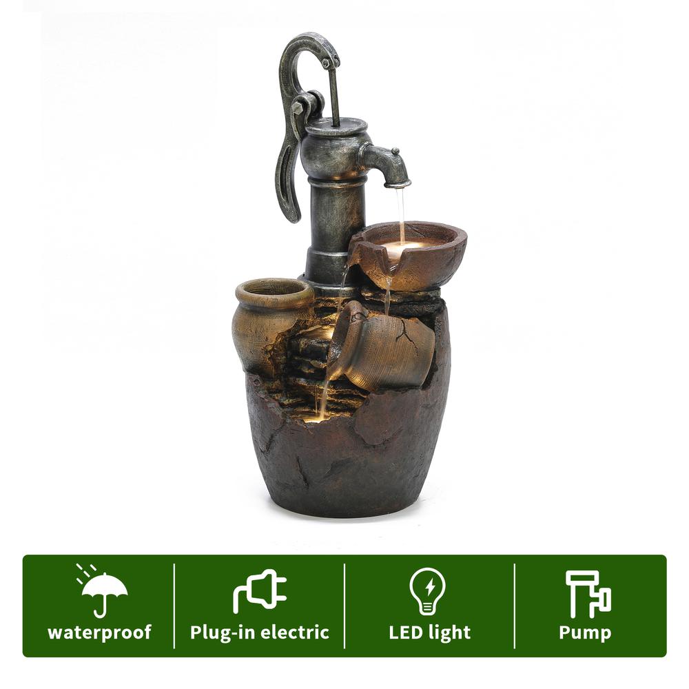 Farmhouse Pump and Pots Resin Outdoor Fountain with LED Lights. Picture 9