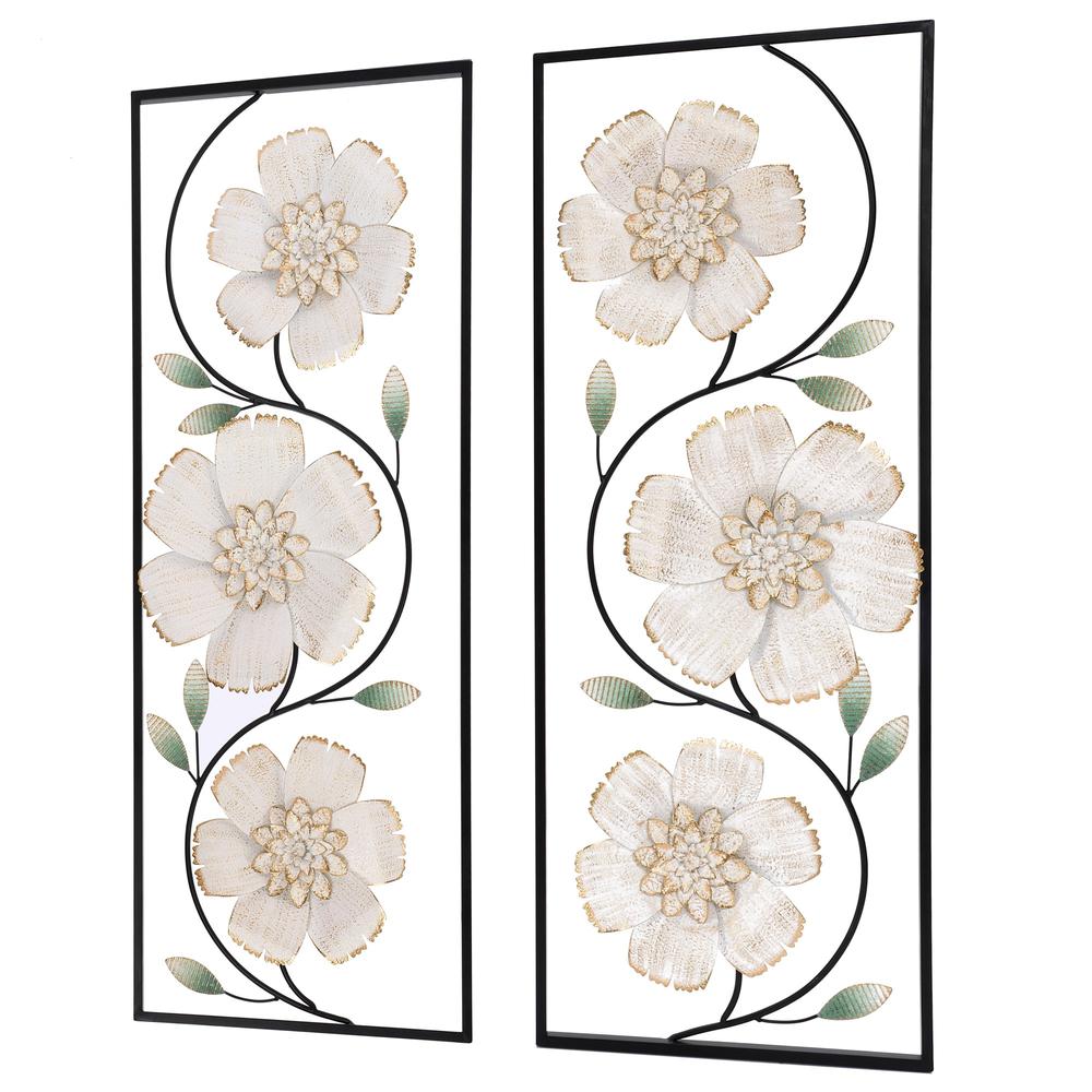 Off White and Gold Magnolia Flowers Black Metal Rectangular Wall Decor, Set of 2. Picture 6