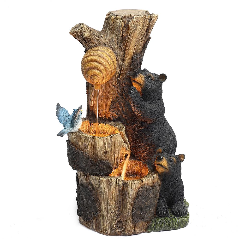 21.9" H Bear and Honey Beehive Tree Resin Outdoor Fountain with LED Lights. Picture 6