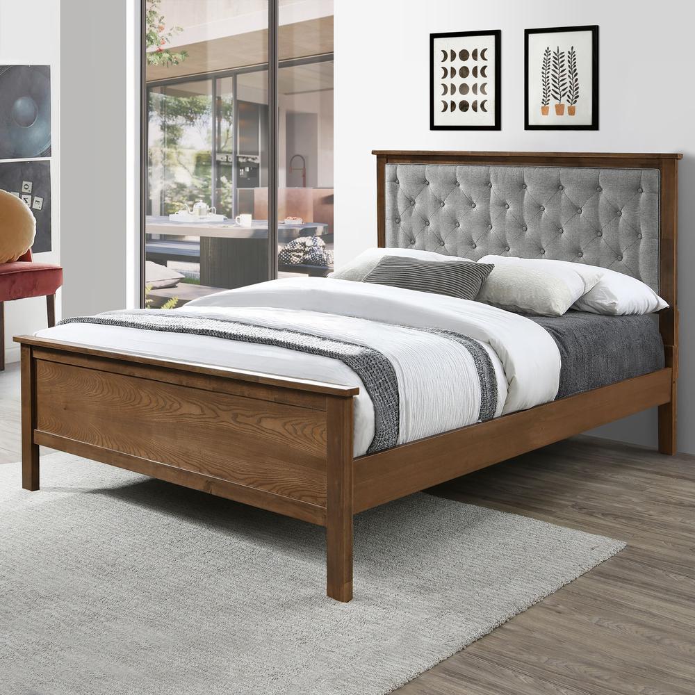 Farmhouse Gray Upholstered Queen Platform Bed Headboard and Wood Footboard Set. Picture 5
