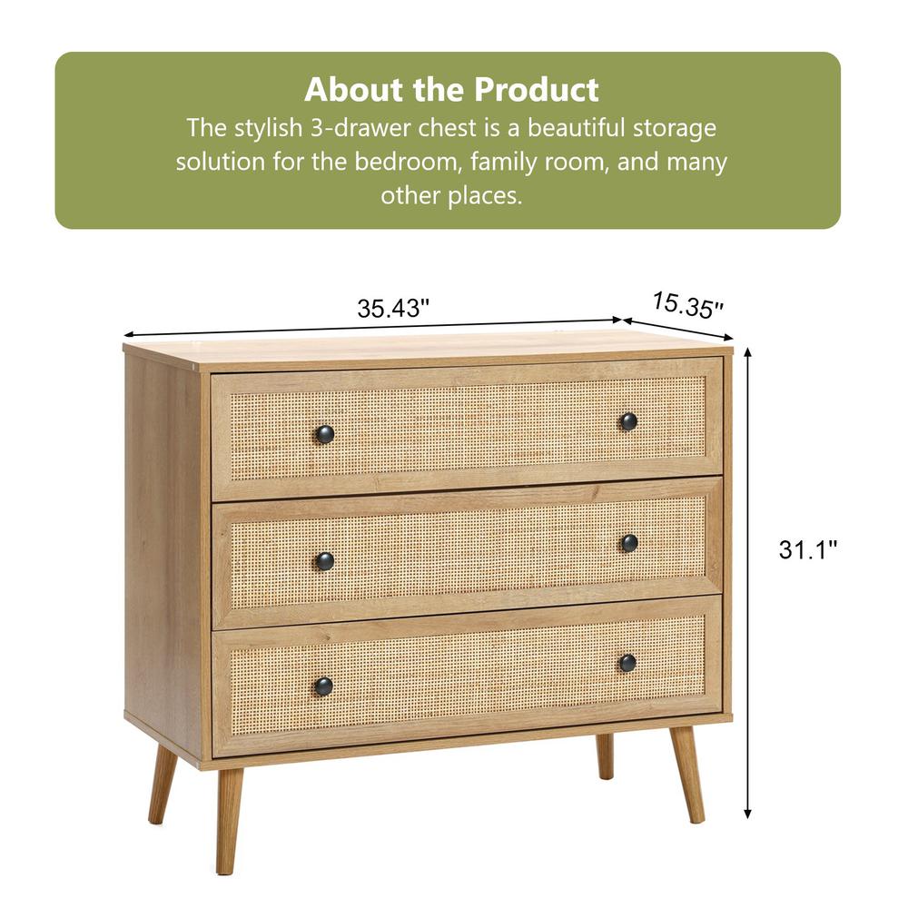 35.4" Wide 3-Drawer Rattan Light Oak Finish Wood Dresser. Picture 10