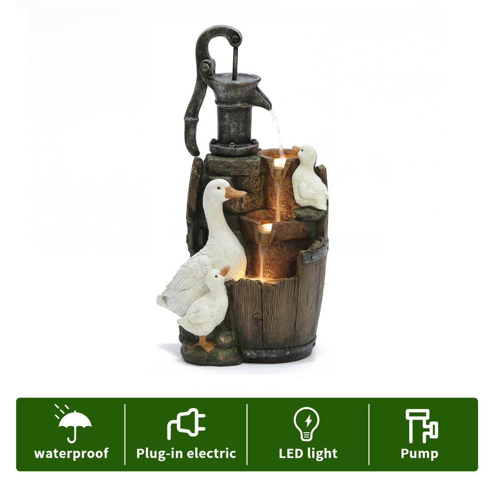 Farmhouse Pump and Duck Family Resin Outdoor Fountain with LED Lights. Picture 8