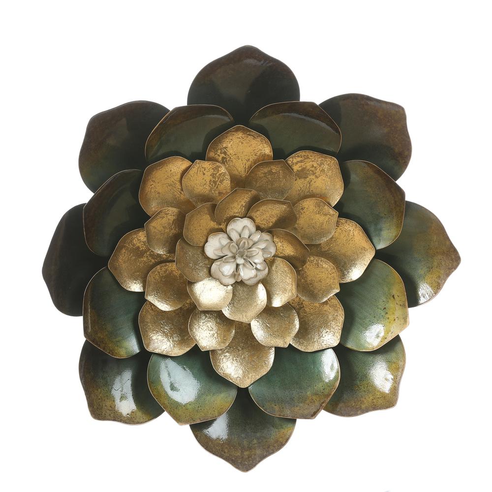 19-Inch Green, Gold, and White Metal Flower Wall Decor. Picture 1